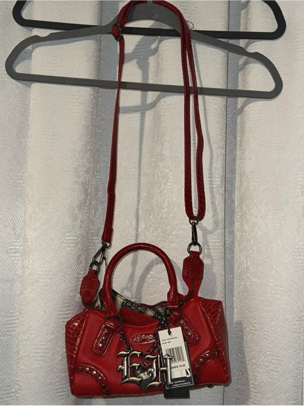 Ed Hardy Red Crocodile Texture Satchel with Logo Charm